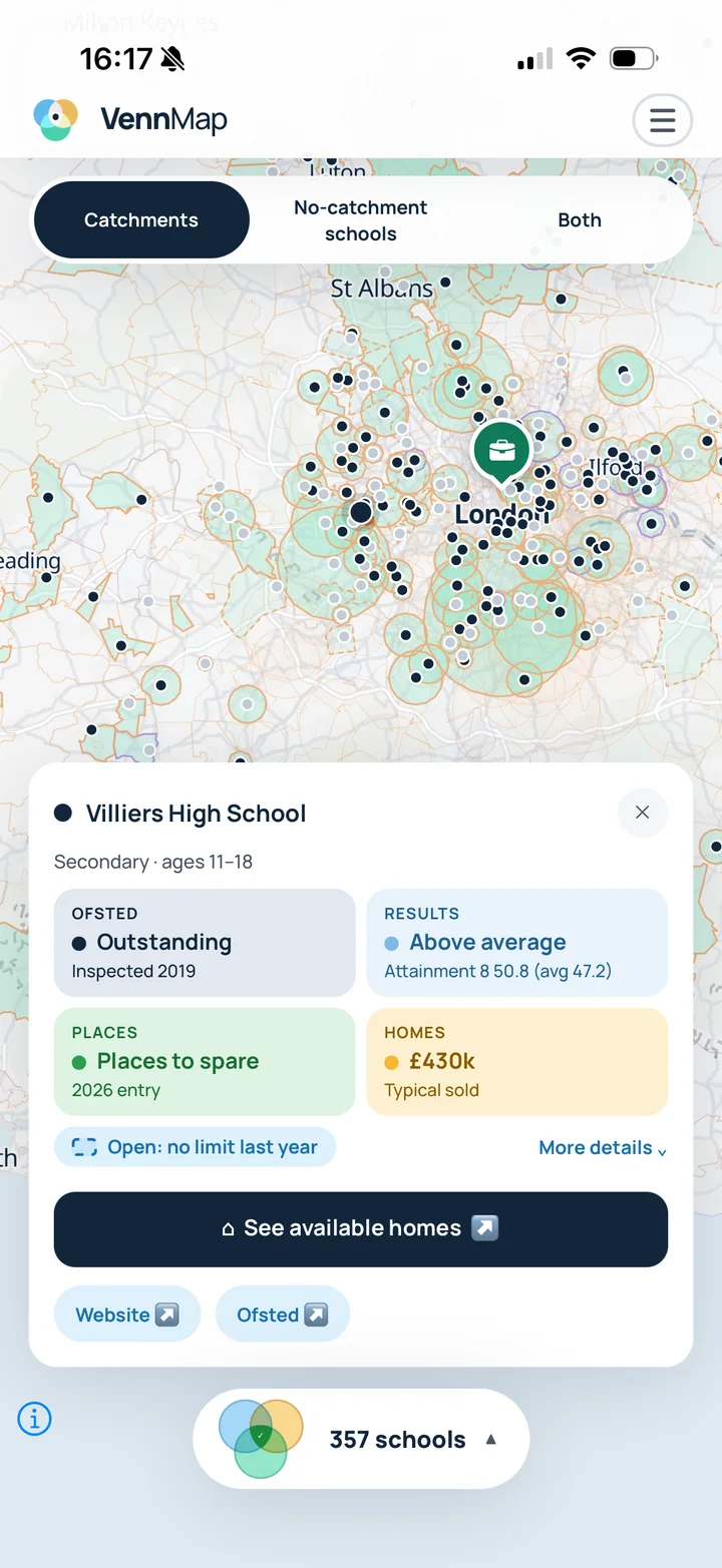 CatchVenn zoomed out over London with hundreds of matching schools, the work pin near Camden, and Villiers High School's details open.